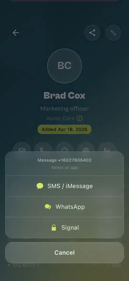 RecallVerse contact screen with the send menu open: SMS or iMessage, WhatsApp, Signal