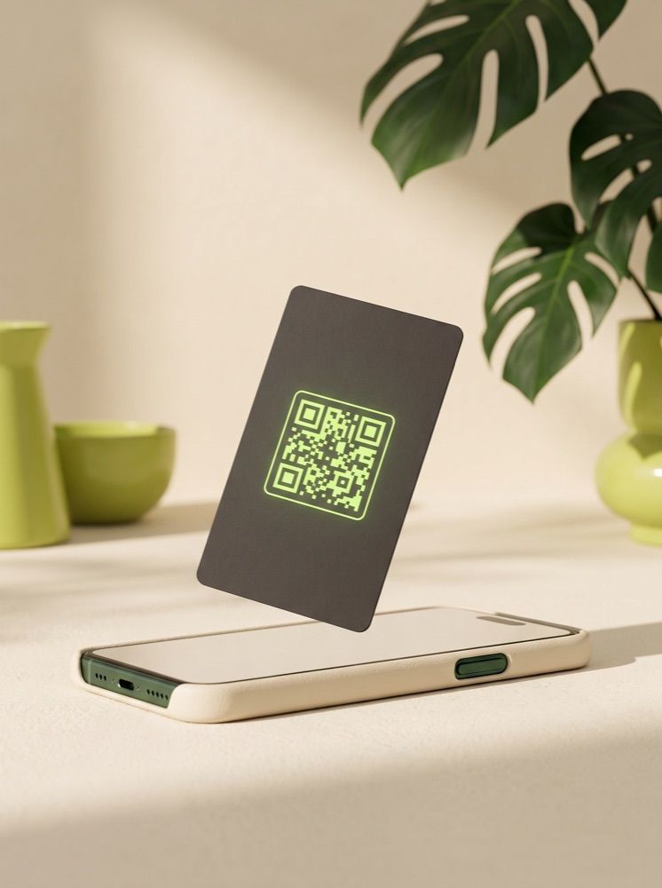A digital business card with a QR code, floating above a phone